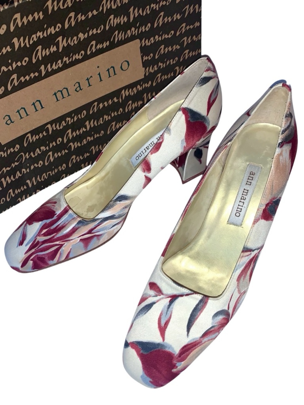 Ann Marino Floral Satin Mid-Heel Pumps Square Toe Vintage